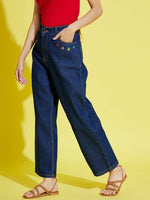Thumbnail for Lyush Navy Pocket Embroidery Straight Jeans For Girls - Distacart