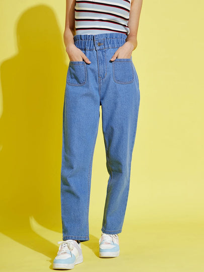 Buy Lyush Blue Paper Bag Waist Carrot Jeans For Girls Online At