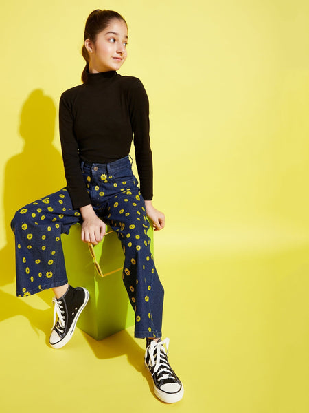 Lyush Blue Flower Print Straight Jeans For Girls - Distacart