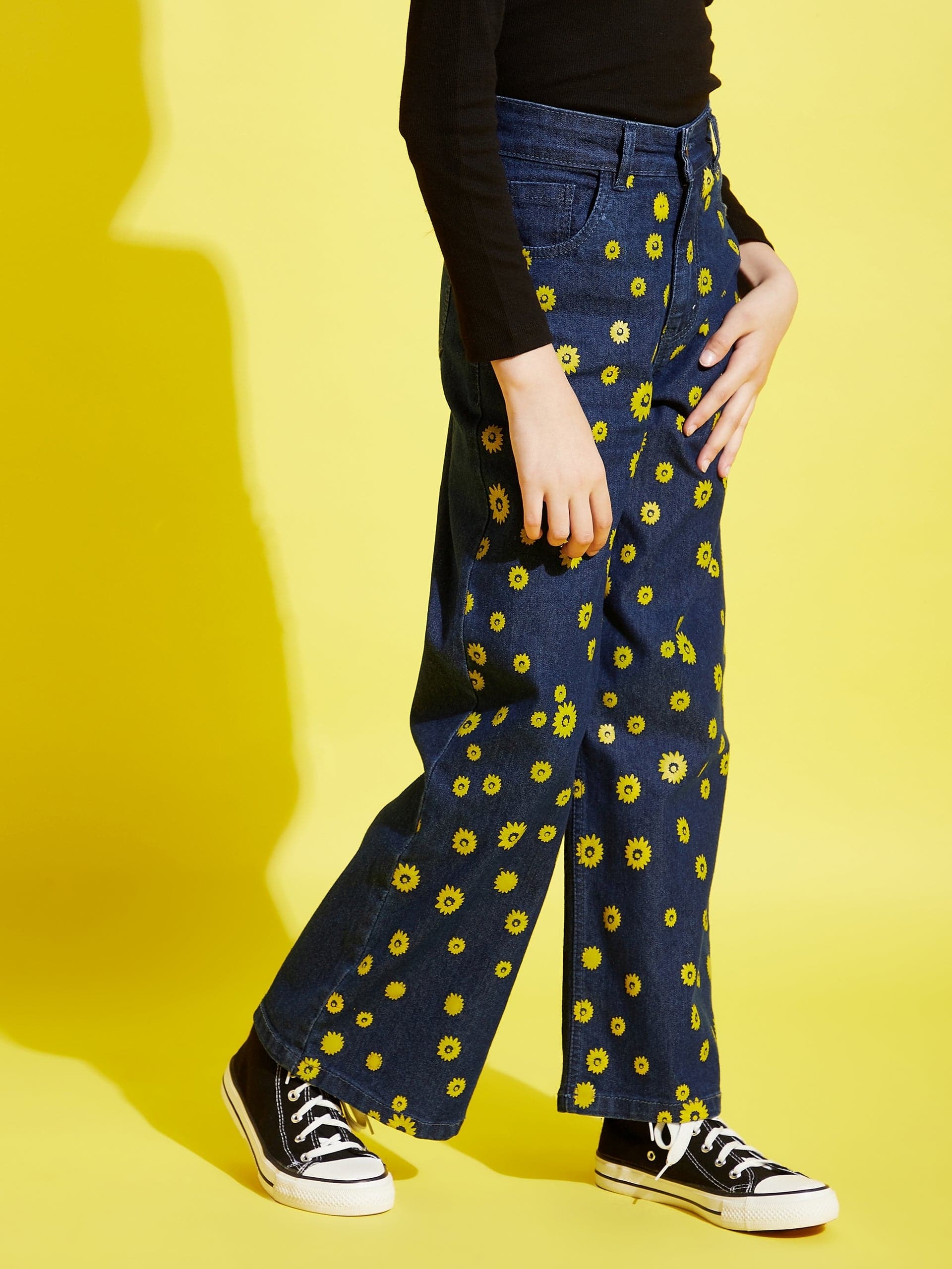Lyush Blue Flower Print Straight Jeans For Girls - Distacart