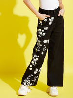 Thumbnail for Lyush Black Small Flower Print Straight Jeans For Girls - Distacart