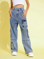 Thumbnail for Lyush Kids Girls Blue Acid Wash Multi Pockets Straight Jeans - Distacart
