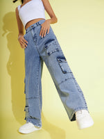 Thumbnail for Lyush Kids Girls Blue Acid Wash Multi Pockets Straight Jeans - Distacart