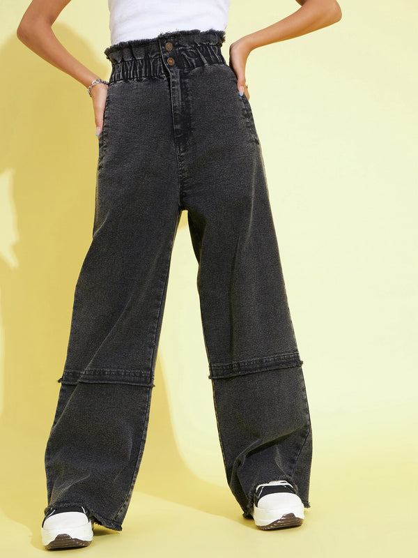 Lyush Kids Girls Black Acid Wash Paper Bag Waist Straight Jeans - Distacart