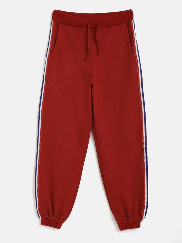 Lyush Maroon Terry Side Tape Joggers For Girls - Distacart