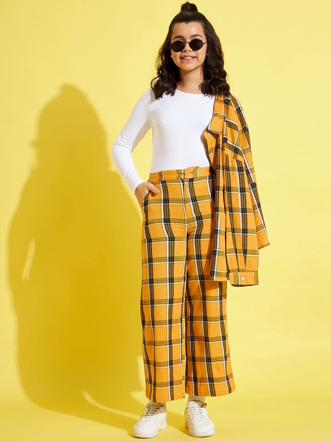 Lyush Mustard & Black Check Straight Pants For Girls - Distacart