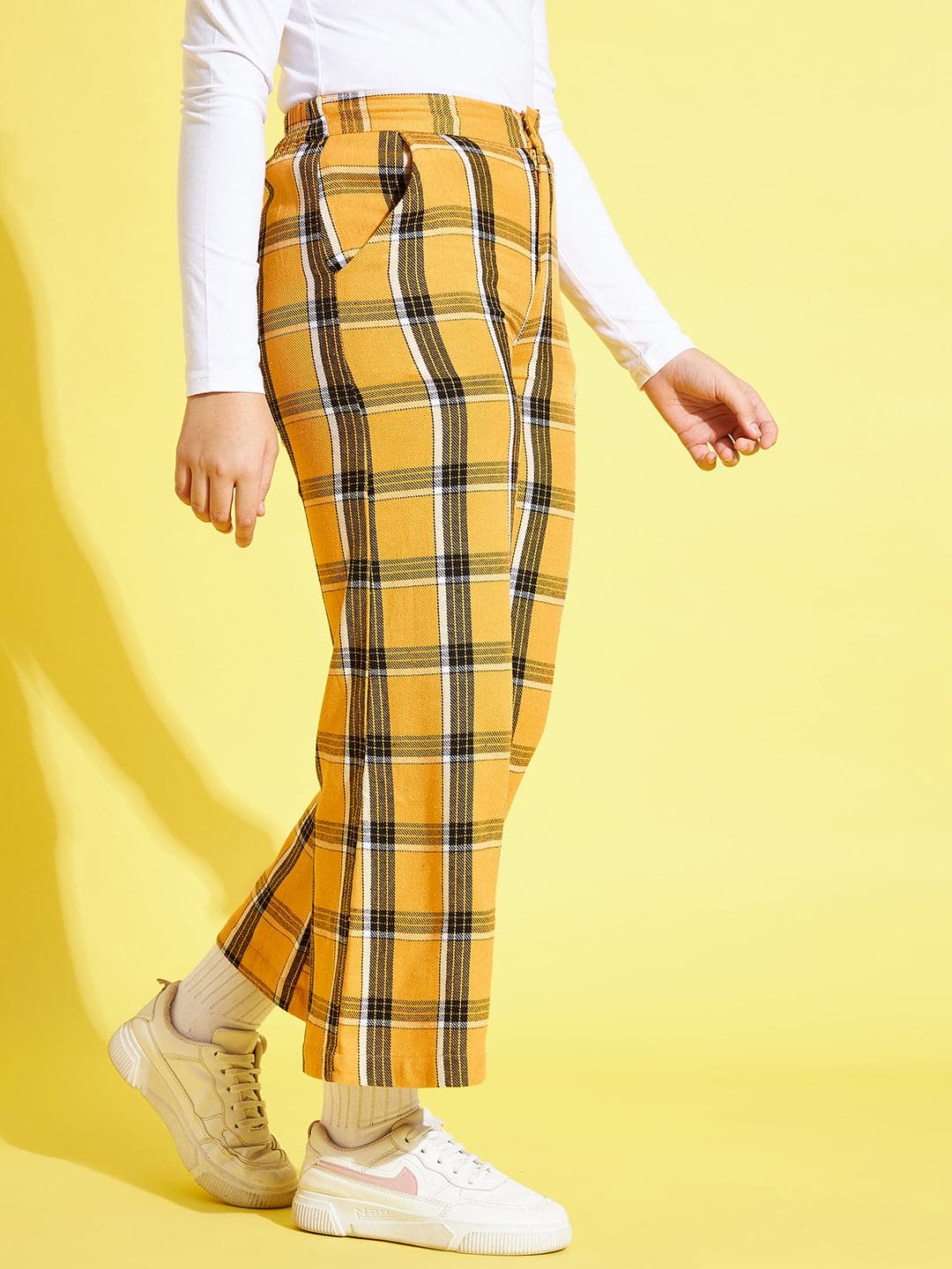 Lyush Mustard & Black Check Straight Pants For Girls - Distacart