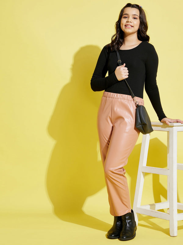 Lyush Pale Pink PU Straight Pants For Girls - Distacart