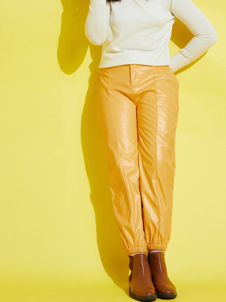 Lyush Yellow PU Joggers For Girls - Distacart