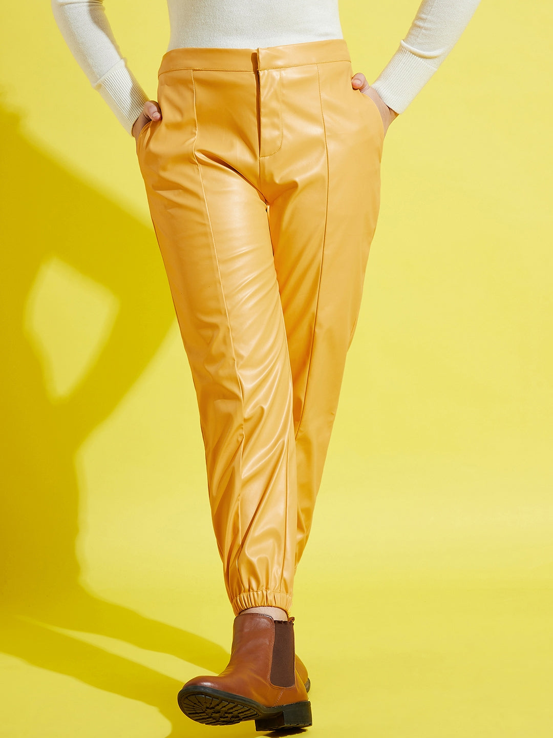 Lyush Yellow PU Joggers For Girls - Distacart