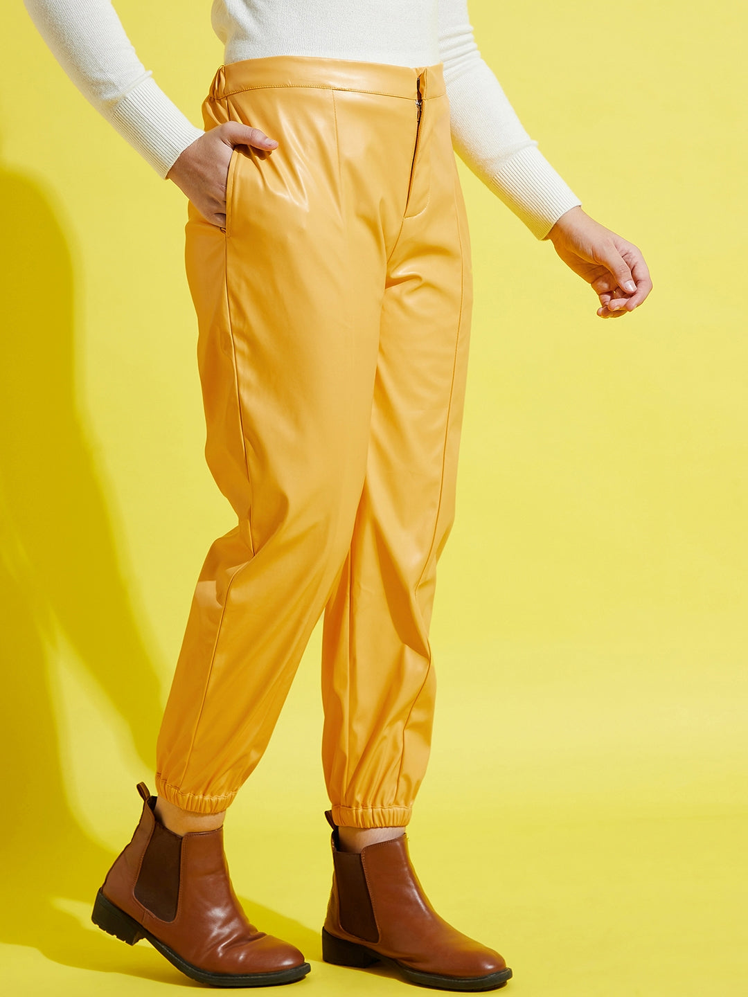 Lyush Yellow PU Joggers For Girls - Distacart