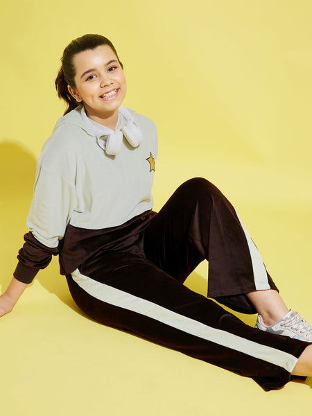 Lyush Sea Green & Brown Velour Track Pants For Girls - Distacart