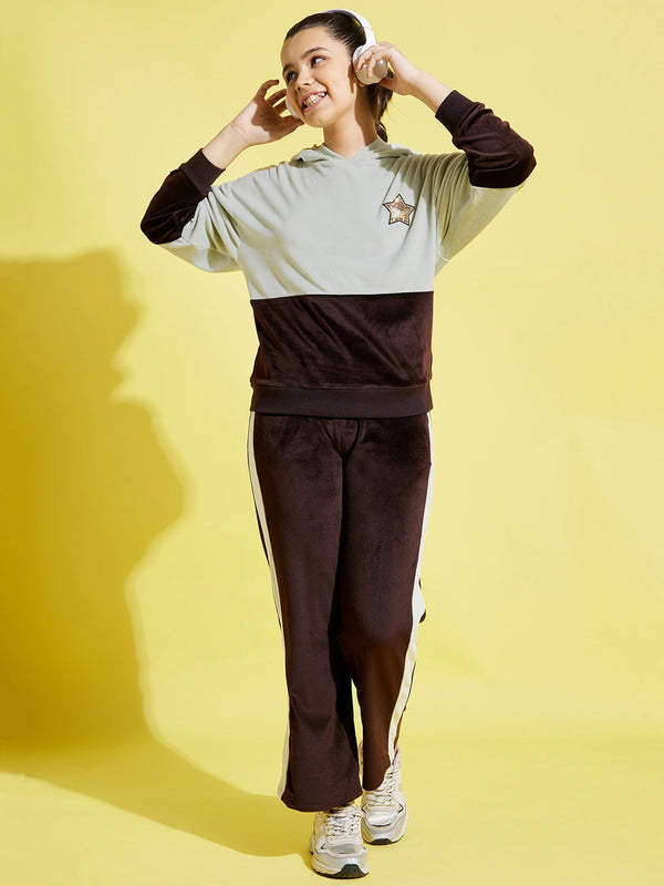 Lyush Sea Green & Brown Velour Track Pants For Girls - Distacart