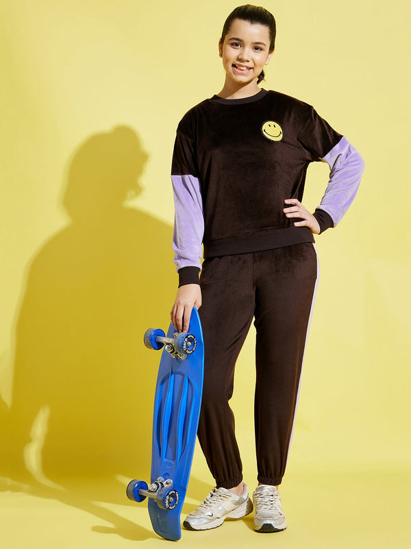 Lyush Brown & Lavender Velour Joggers For Girls - Distacart