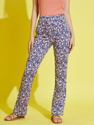 Lyush Blue Floral Print Bell Boot Leg Pants For Girls - Distacart