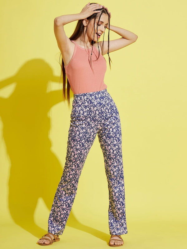 Lyush Blue Floral Print Bell Boot Leg Pants For Girls - Distacart