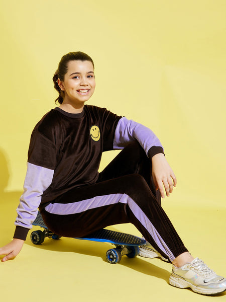 Lyush Brown & Lavender Velour Oversize Sweatshirt With Joggers For Girls - Distacart