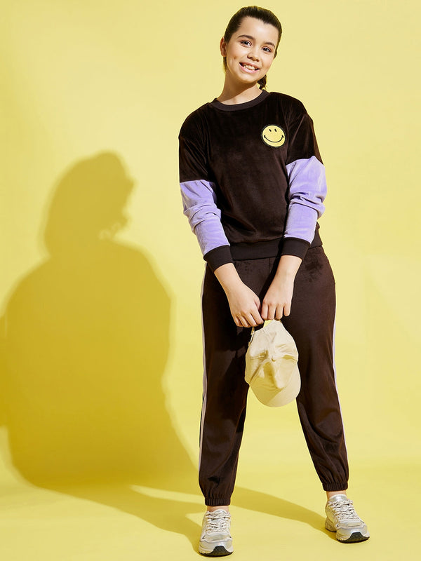 Lyush Brown & Lavender Velour Oversize Sweatshirt With Joggers For Girls - Distacart
