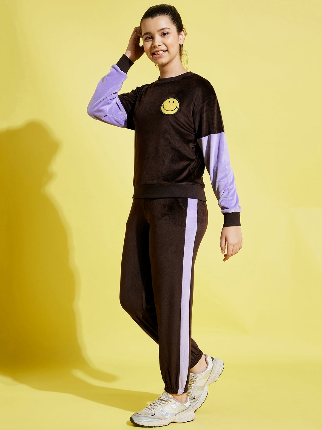 Lyush Brown & Lavender Velour Oversize Sweatshirt With Joggers For Girls - Distacart