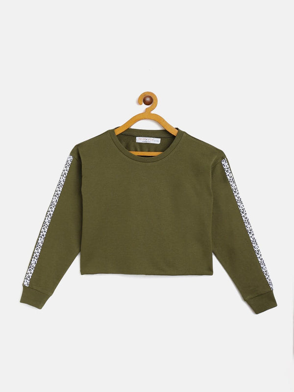 Lyush Olive Terry Shoulder Tape Crop Sweatshirt For Girls - Distacart