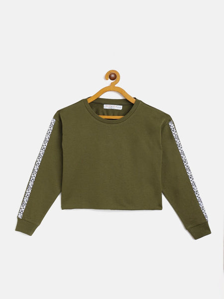 Lyush Olive Terry Shoulder Tape Crop Sweatshirt For Girls - Distacart