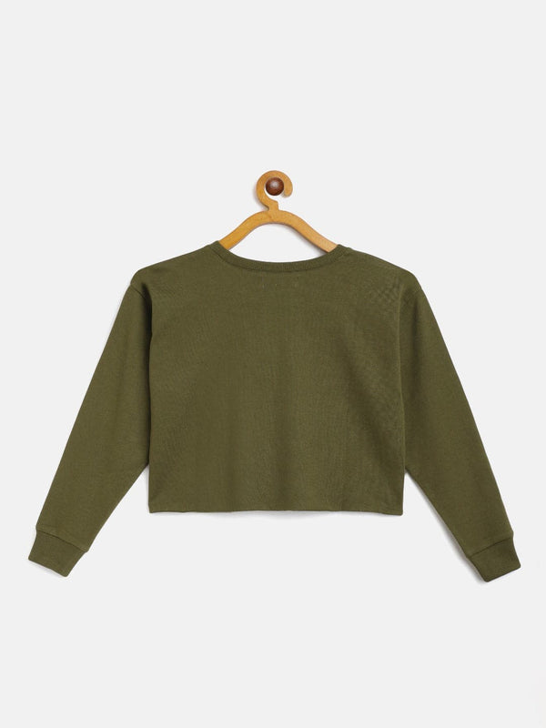 Lyush Olive Terry Shoulder Tape Crop Sweatshirt For Girls - Distacart
