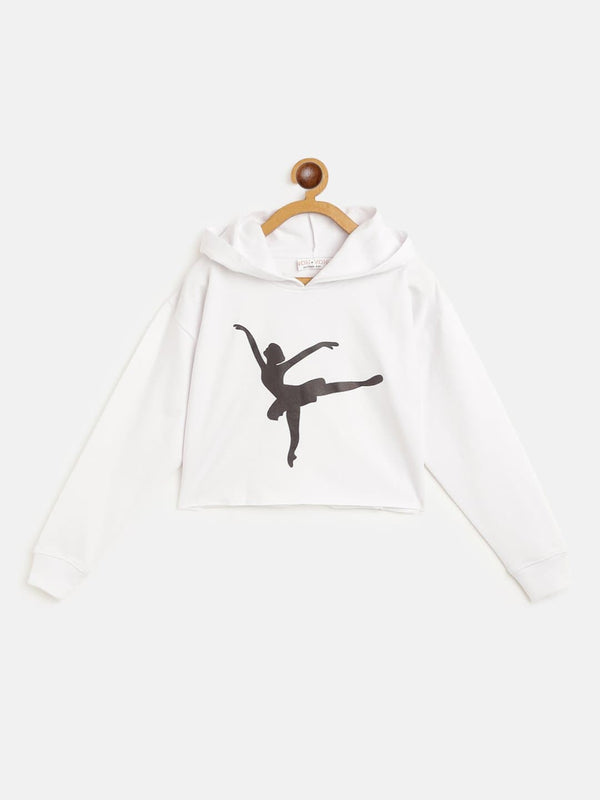 Lyush White Ballerina Print Crop Hoodie For Girls - Distacart