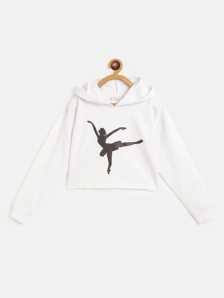 Lyush White Ballerina Print Crop Hoodie For Girls - Distacart