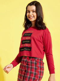 Thumbnail for Lyush Red Terry STRANGERS Quote Crop Sweatshirt For Girls - Distacart