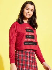 Thumbnail for Lyush Red Terry STRANGERS Quote Crop Sweatshirt For Girls - Distacart