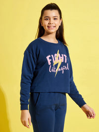 Thumbnail for Lyush Blue Fleece FIGHT Crop Sweatshirt For Girls - Distacart