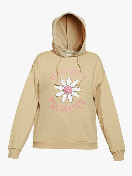 Lyush Beige ALWAYS FLOWERS Drop Shoulder Hoodie For Girls - Distacart