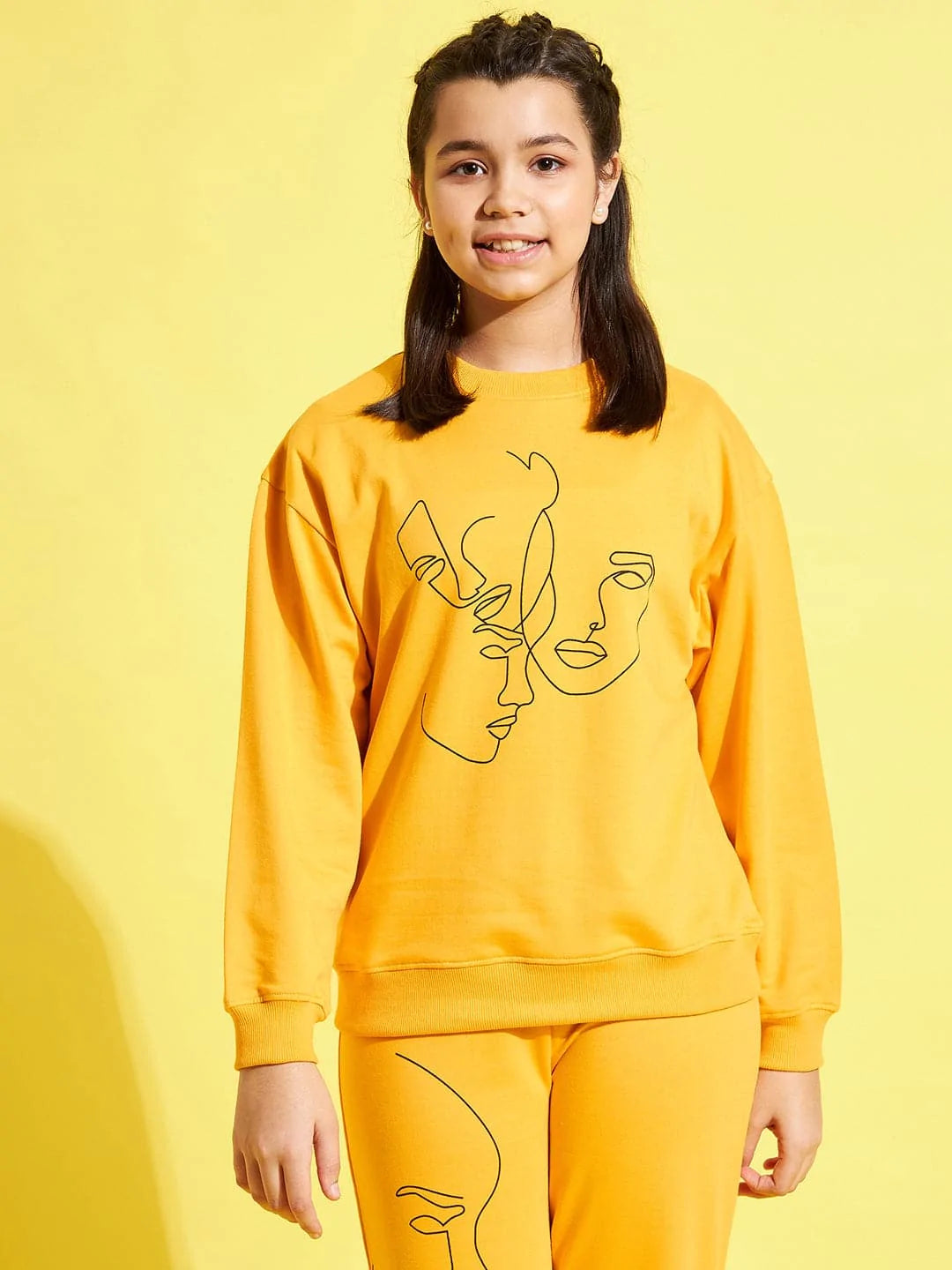 Lyush Yellow Terry Face Print Drop Shoulder Sweatshirt For Girls - Distacart