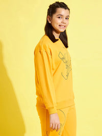 Thumbnail for Lyush Yellow Terry Face Print Drop Shoulder Sweatshirt For Girls - Distacart