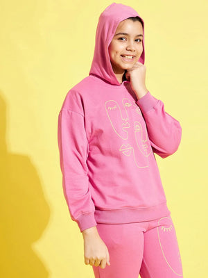 Lyush Pink Terry Face Print Hoodie For Girls - Distacart