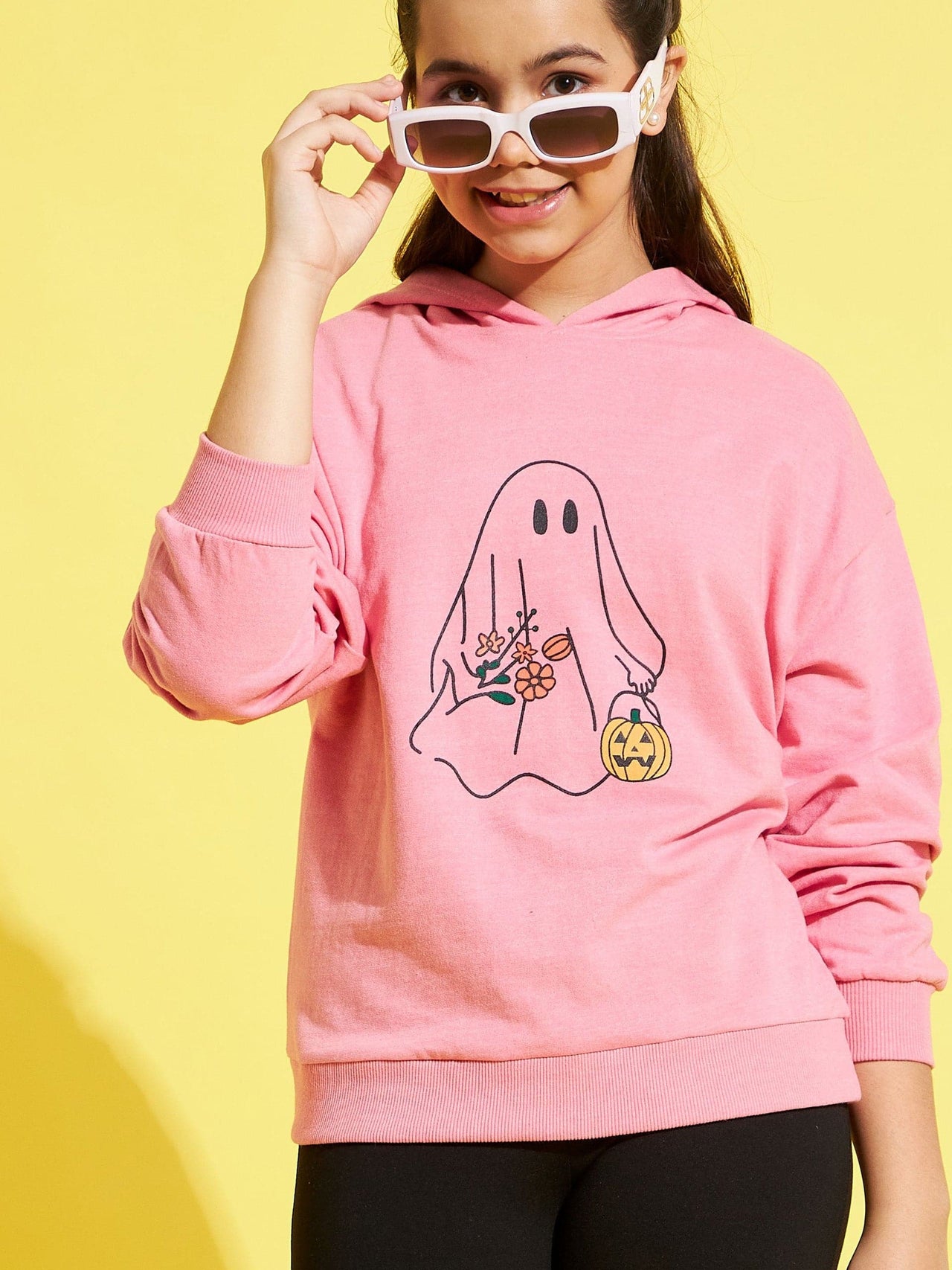 Lyush Pink Terry Spooky Print Drop Shoulder Hoodie For Girls - Distacart
