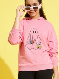 Thumbnail for Lyush Pink Terry Spooky Print Drop Shoulder Hoodie For Girls - Distacart