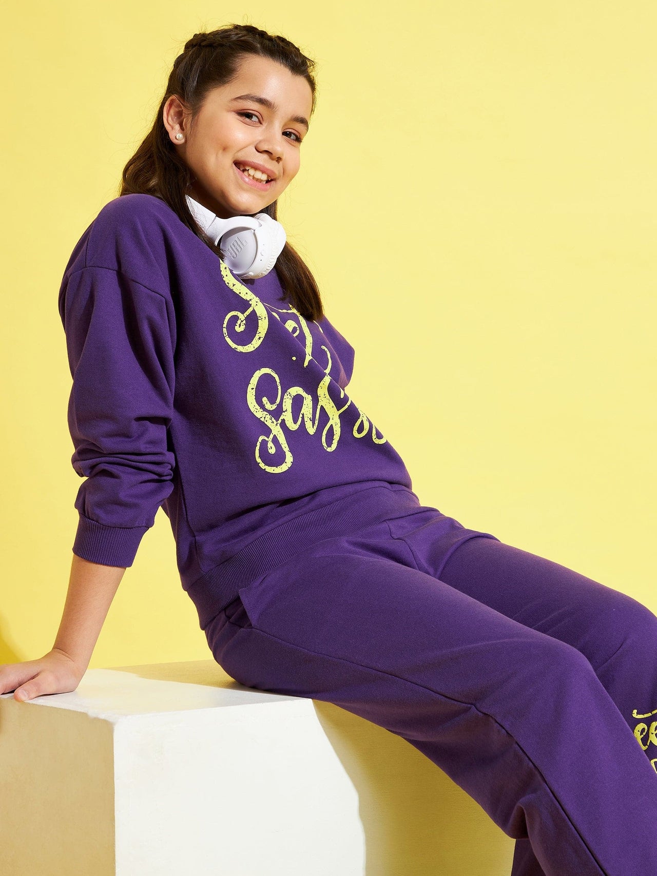 Lyush Purple Terry Sweet & Sassy Drop Shoulder Sweatshirt For Girls - Distacart