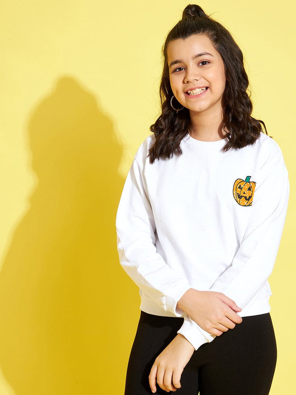 Lyush White Terry Pumpkin Drop Shoulder Sweatshirt For Girls - Distacart