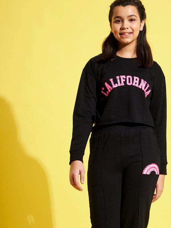 Lyush Black Terry CALIFORNIA Crop Sweatshirt For Girls - Distacart
