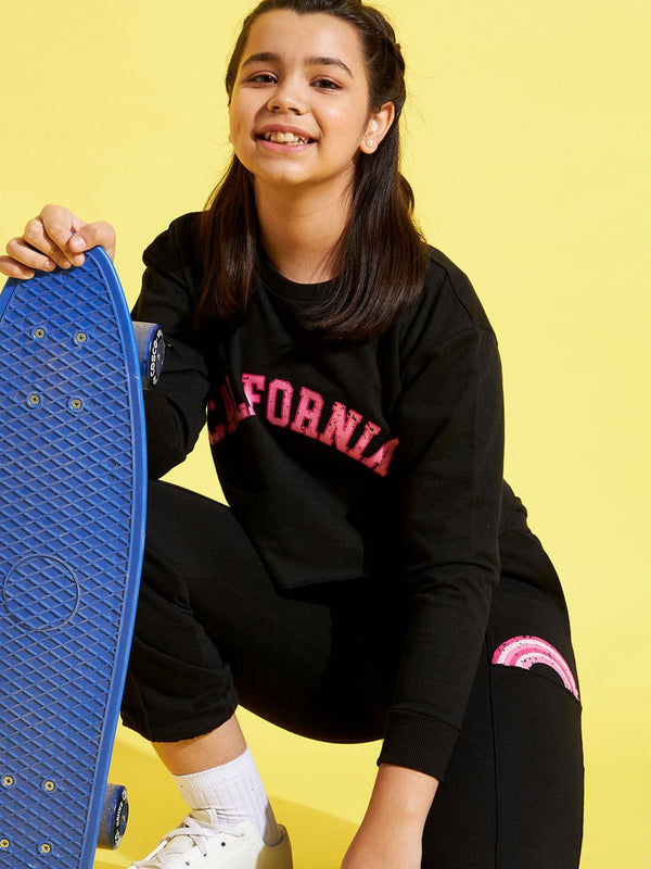 Lyush Black Terry CALIFORNIA Crop Sweatshirt For Girls - Distacart
