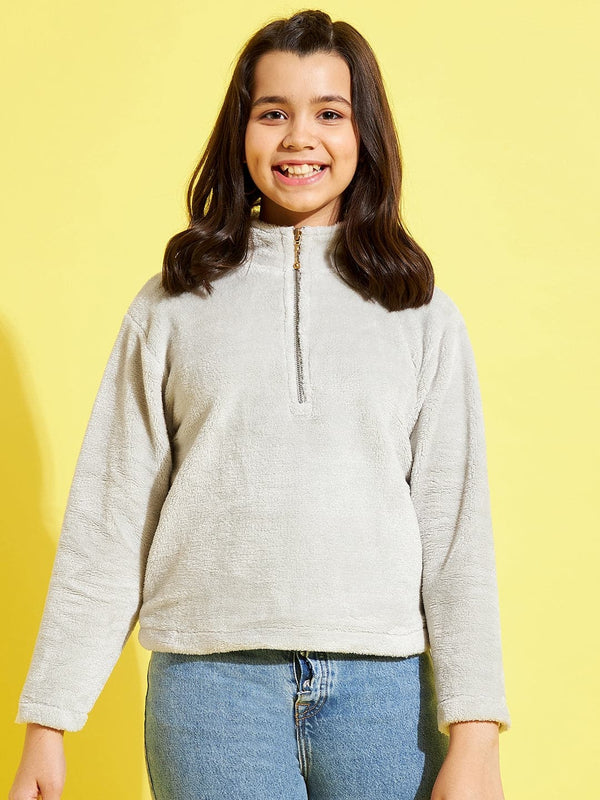 Lyush Grey Fur Front Zipper Sweatshirt For Girls - Distacart