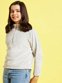 Thumbnail for Lyush Grey Fur Front Zipper Sweatshirt For Girls - Distacart