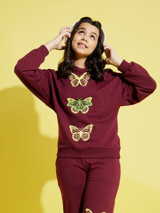 Lyush Maroon Terry Butterfly Oversize Sweatshirt For Girls - Distacart