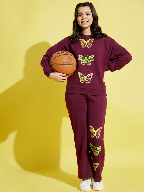 Lyush Maroon Terry Butterfly Oversize Sweatshirt For Girls - Distacart