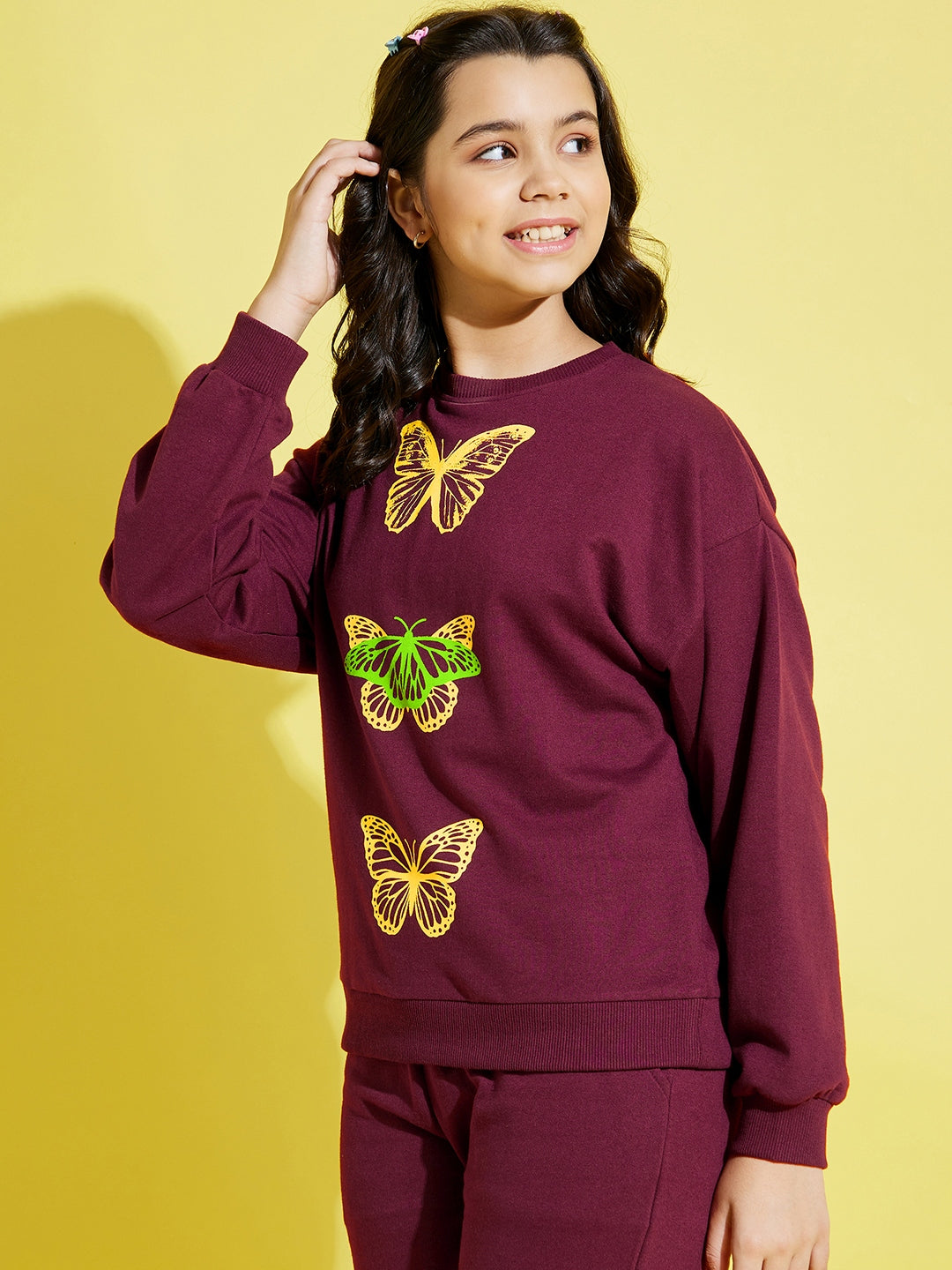 Lyush Maroon Terry Butterfly Oversize Sweatshirt For Girls - Distacart