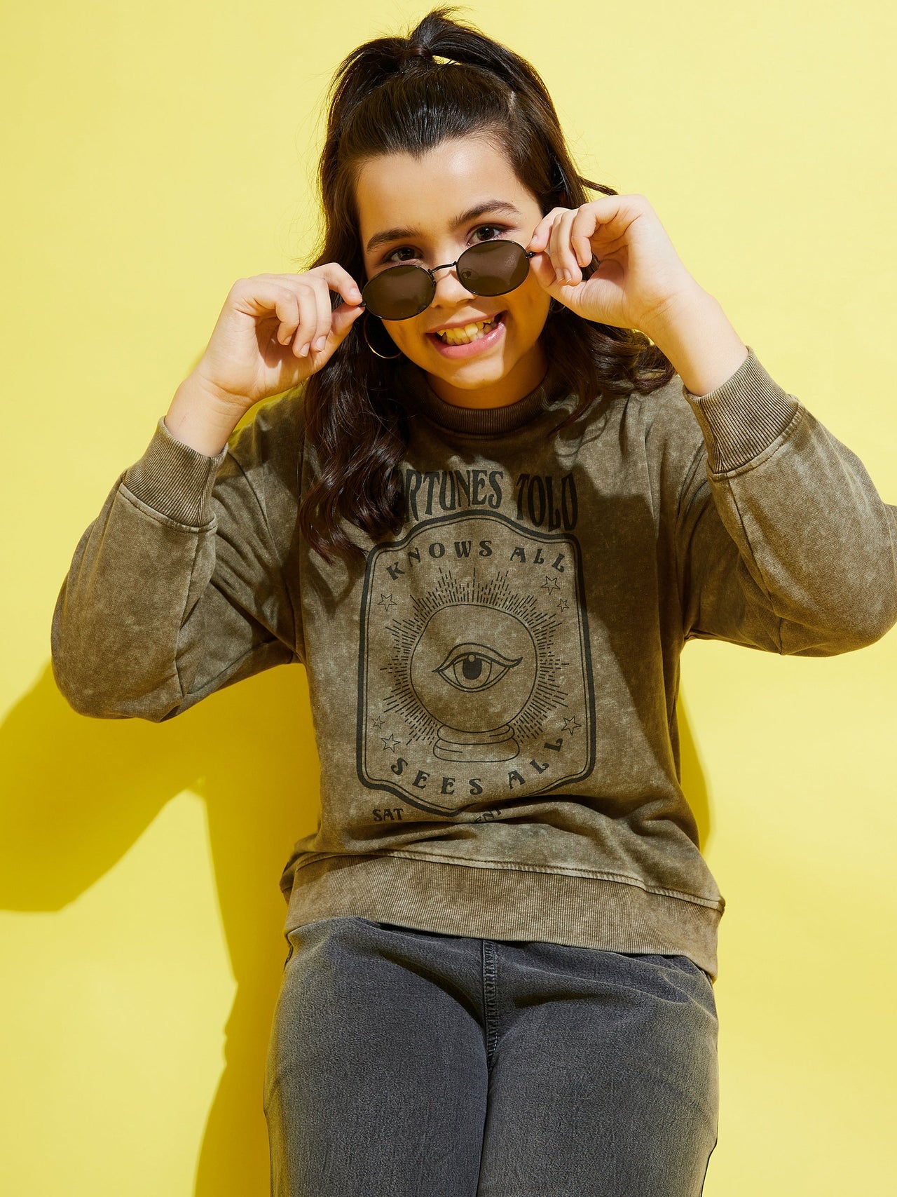 Lyush Olive Terry Acid Wash Eye Print Oversize Sweatshirt For Girls - Distacart