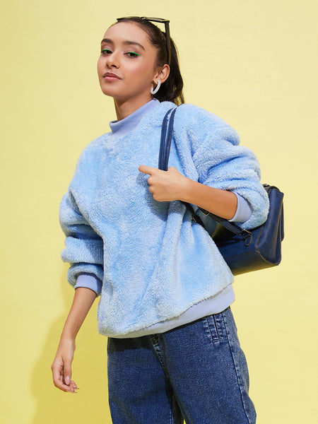 Lyush Girls Blue Fur High Neck Sweatshirt - Distacart