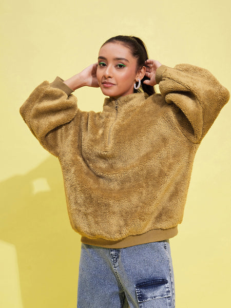 Lyush Girls Brown Fur Front Zipper Sweatshirt - Distacart