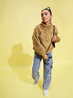 Thumbnail for Lyush Girls Brown Fur Front Zipper Sweatshirt - Distacart